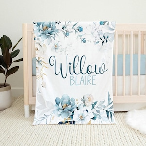 Blue Gold Floral Baby Name Blanket, Blue Floral Girl Blanket, Personalized Baby Girl Blanket, Custom Name Blanket, Blue Nursery Girl Gift