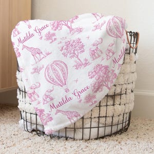 BABY GIRL SAFARI Blanket, Pink Toile Safari Baby Name Blanket, Personalized Safari Infant Girl Crib Blanket, Elephant Giraffe Baby Blanket