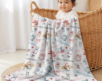 CUSTOM ALICE IN Wonderland Baby Blanket, Baby Girl Personalized Blanket, Gift for Girl Alice Tea Party Nursery, Toddler Girl Alice Blanket