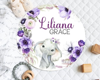 Floral Elephant Baby Name Sign, Purple Nursery Decor