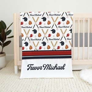 Personalized Boy Baseball Blanket, Newborn Boy Custom Name Blanket, Baseball Nursery Blanket, Boy Sports Name Blanket, Navy Red Baseball