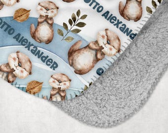 Personalized Baby Otter Blanket, Gender Neutral Nursery Blanket, Fleece Minky or Sherpa, Multiple Sizes