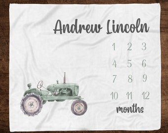GREEN TRACTOR BABY Milestone Blanket, Farm Theme Baby Growth Blanket, Month Photo Prop, Newborn Boy Gift, Baby Boy Tractor Milestone Blanket