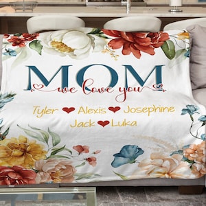 Mother&#39;s Day Blanket, Personalized Grandmother Name Blanket, Floral Mom Blanket, We Love You Mom, Kids Gift to Grandma, Grandma Blanket