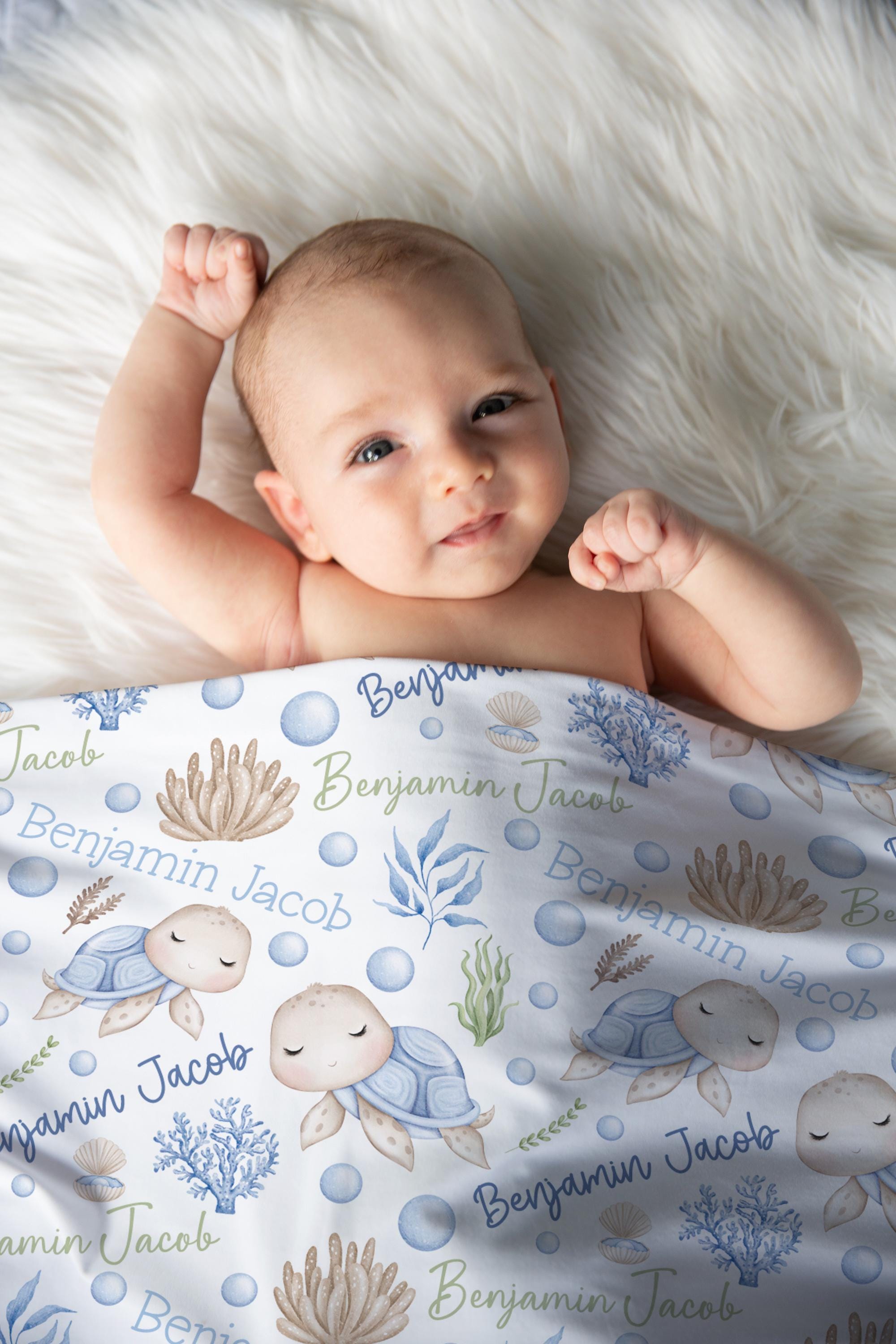 Personalized Name Sea Turtle Swaddle Blanket, Blue Sea Turtle Blanket Baby Boy Under the Sea Blanket, Infant Boy Baby Swaddle Hat Set, Newborn Boy Turtle Gift