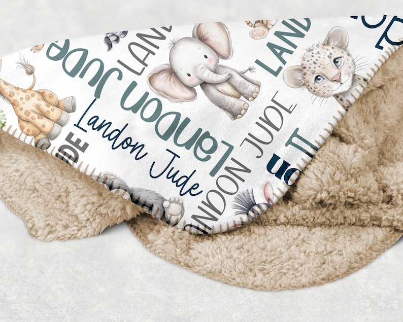 a blanket with a pattern of various animals, including elephants, lions, and giraffes, along with the name "Landon" written on it.
