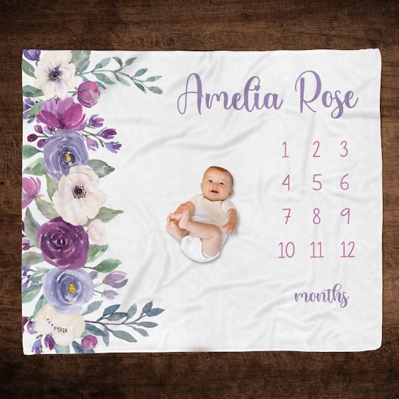Personalized Baby Monthly Milestone Blanket With Name - 40"x50" Floral Growth Chart Photo Prop Blanket - View #9
