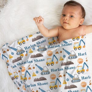 Construction Blanket, Toddler Boy Construction Name Blanket, Construction Vehicles, Personalized Newborn Boy Blanket, Baby Name Blanket