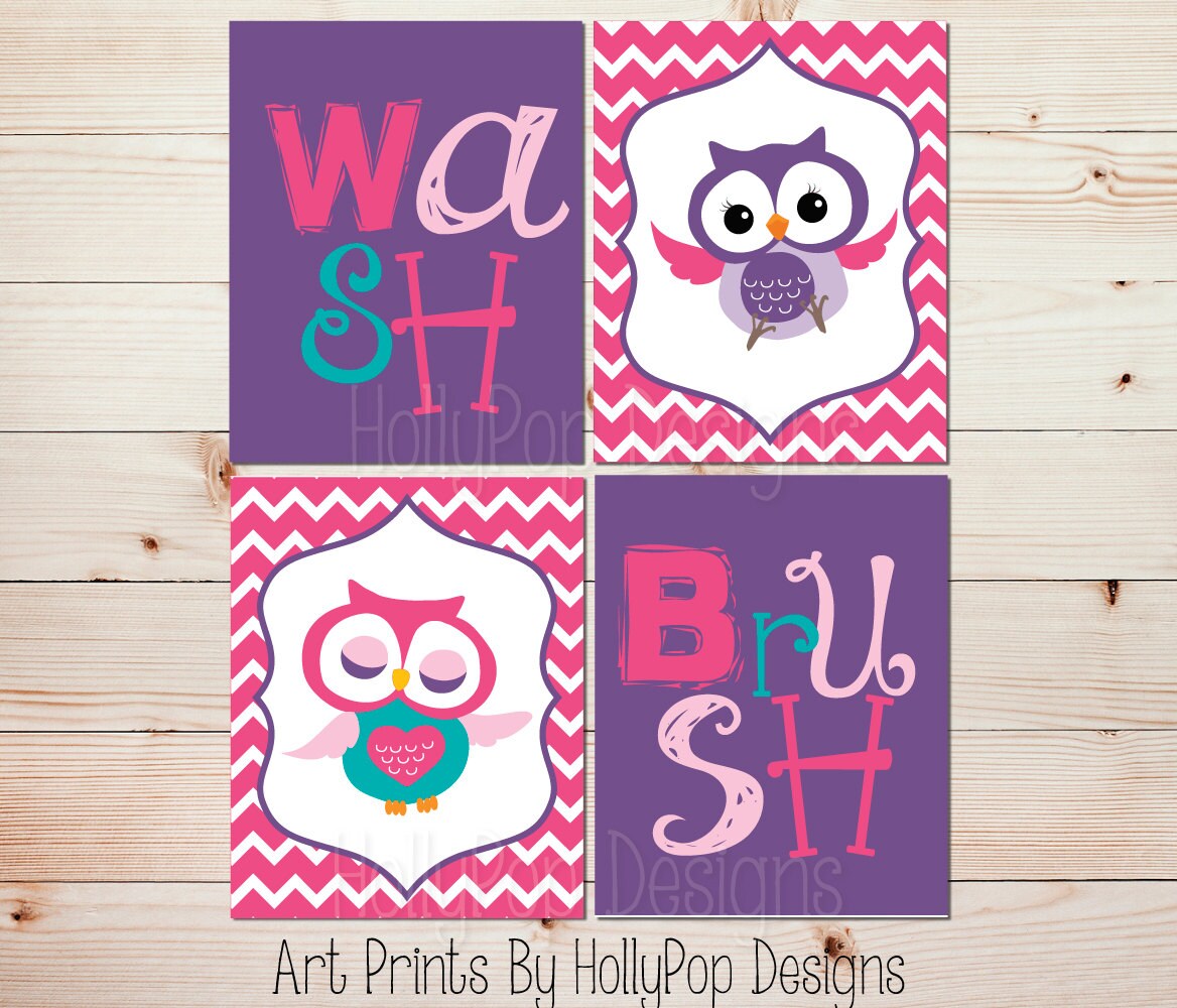 Owl bathroom wall art Pink purple bathroom art prints 