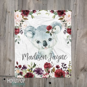 Koala Baby Blanket Red Roses, Baby Girl Name Blanket, Floral Watercolor Koala Blanket, Baby Girl Personalized Gift, Red Floral Blanket