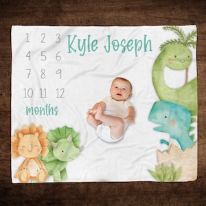 Personalized Baby Boy Dinosaur Minky Milestone Blanket