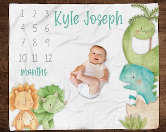 Newborn Baby Boy Gift, Track Baby Growth, Baby Dinosaur Milestone Blanket, Personalized Boy Minky Blanket, Monthly Photo Blanket Sherpa