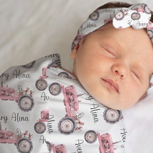 Baby Girl Pink Tractor Swaddle Blanket, Farm Nursery Swaddle Blanket Headband Set, Knotted Baby Hat, Floral Tractor Name Blanket, Baby Gift