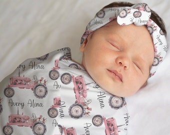 Baby Girl Pink Tractor Swaddle Blanket, Farm Nursery Swaddle Blanket Headband Set, Knotted Baby Hat, Floral Tractor Name Blanket, Baby Gift
