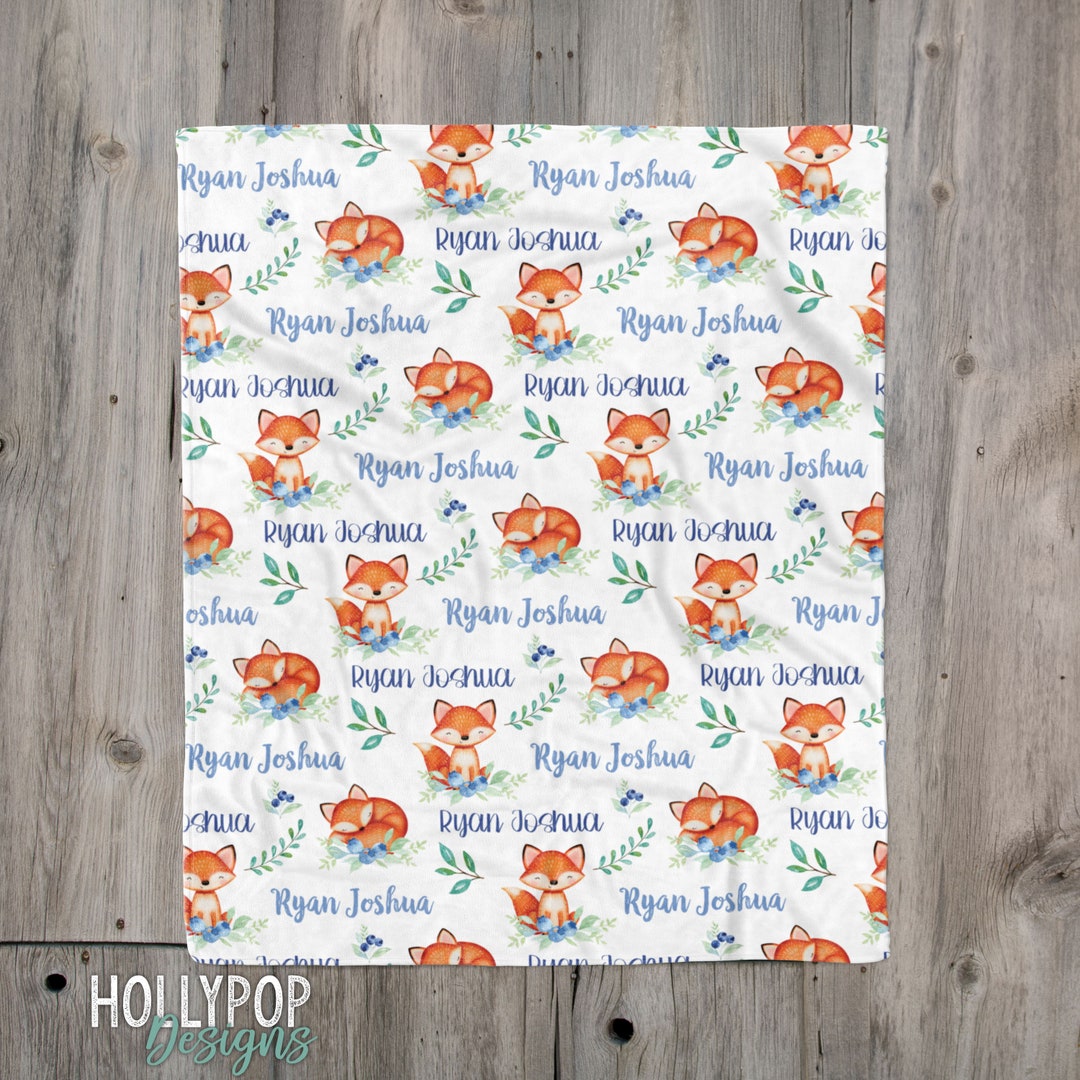 Baby Boy Personalized Fox Blanket, Blue Floral Fox Blanket, Custom Name