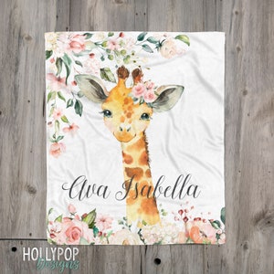 Floral Giraffe Blanket, Pink Floral Roses, Floral Giraffe Name Blanket, Personalized Baby Girl Name Blanket, Pink Flowers Girl Name Blanket