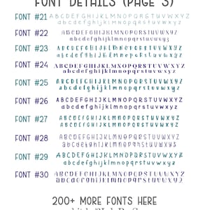 Pu&ograve; includere: Una pagina che mostra i dettagli dei caratteri, mostrando vari stili di carattere etichettati dal #21 al #30. Ogni carattere &egrave; presentato con alfabeti maiuscoli e minuscoli in una sfumatura di blu e viola. Il testo "200+ MORE FONTS HERE" &egrave; anche visibile.