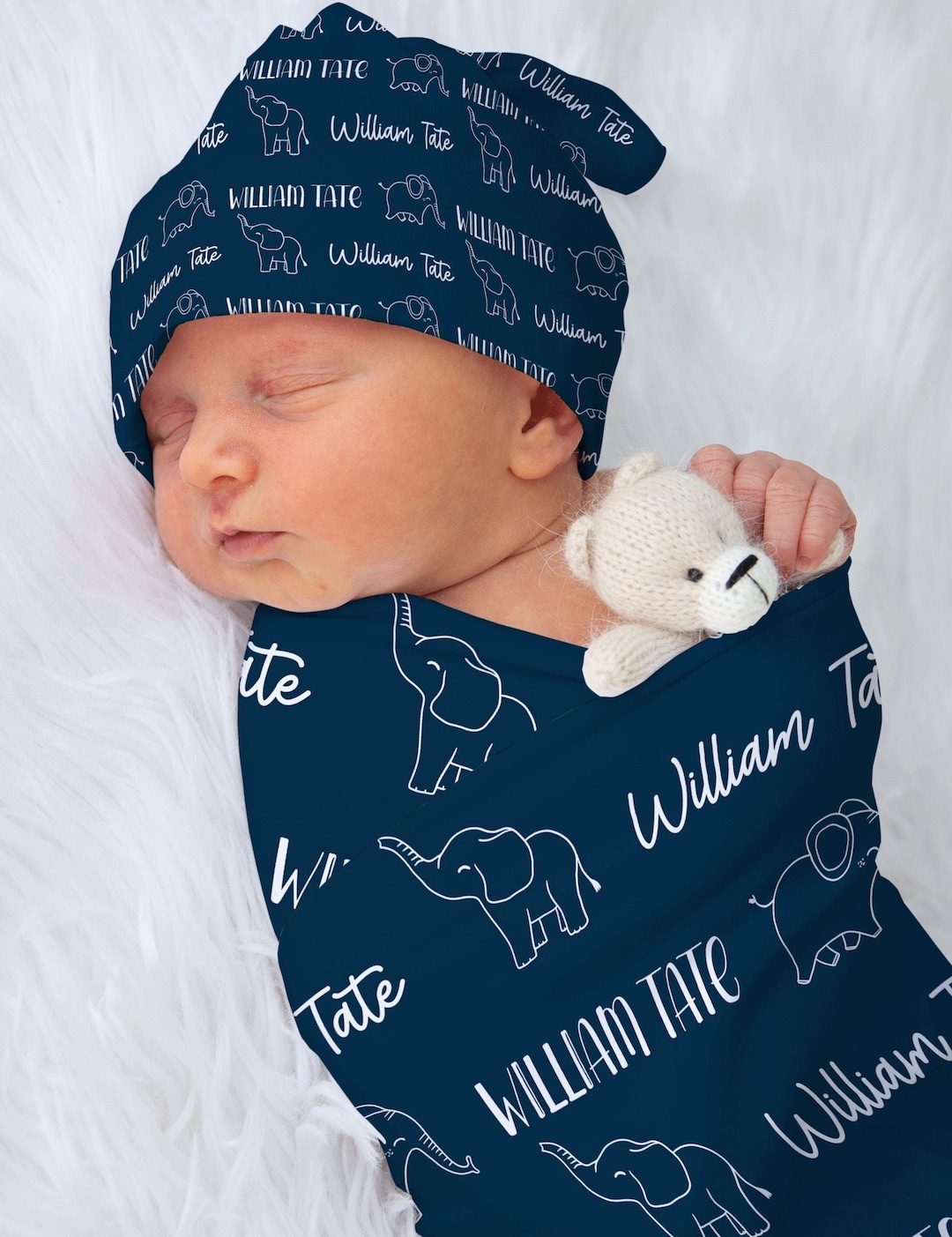 Personalized Swaddle Blanket Beanie Hat, Navy Blue Swaddle Set