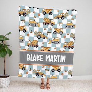 TODDLER BOY CONSTRUCTION Blanket, Personalized Construction Vehicles Baby Blanket, Toddler Boy Gift, Construction Nursery Baby Boy Name Gift