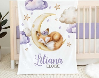 BABY GIRL FOX Blanket, Lullaby Fox Moon Stars Blanket, Personalized Girl Name Blanket, Newborn Girl Gift, Fox Nursery Baby Blanket Keepsake