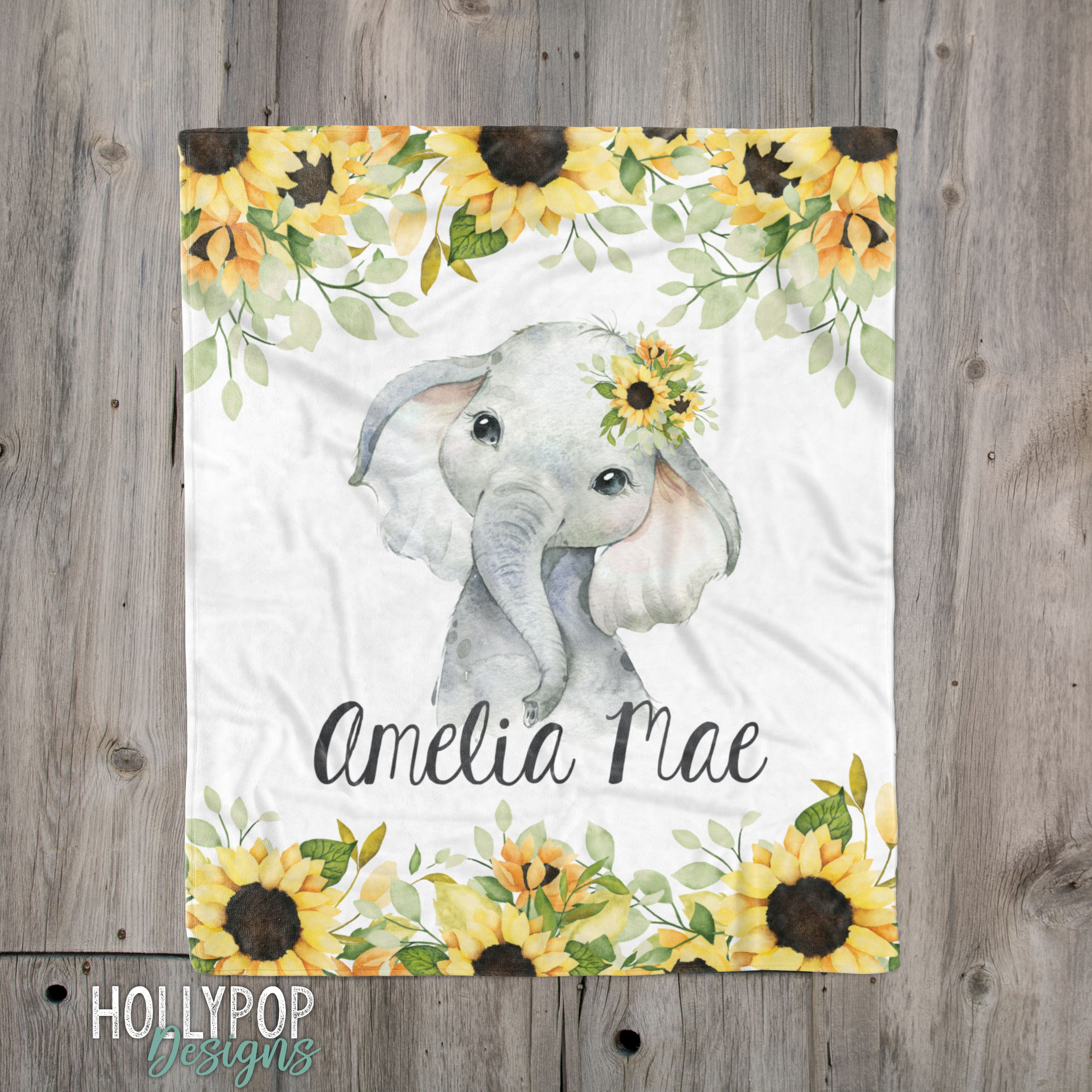 Personalized Baby Blanket With Name - Custom Sunflower Elephant Throw For Newborns & Toddlers - View #2