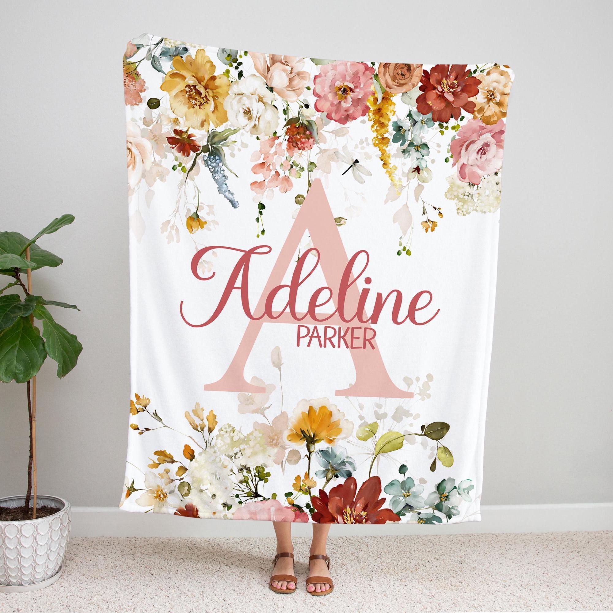 PERSONALIZED BABY BLANKET girl, Floral Girl Name Blanket, Wildflower Baby Girl Blanket, Custom Name Floral Baby Girl Gift, Toddler Girl Gift