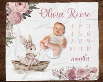 Personalized Bunny Milestone Blanket: Pink Floral Baby Girl Gift, Infant Girl Growth by Month