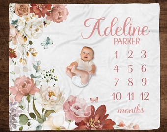 FLORAL BABY GIRL Milestone Blanket, Wild flower Baby Milestone, Newborn Girl Gift, Personalized Baby Month Blanket, Floral Baby Shower Gift