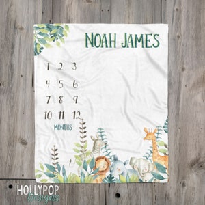 Safari Animals Baby Milestone Blanket, Jungle Animals Track Baby Growth, Lion Elephant Rhino, Personalized Baby Name Blanket, Monthly Photo