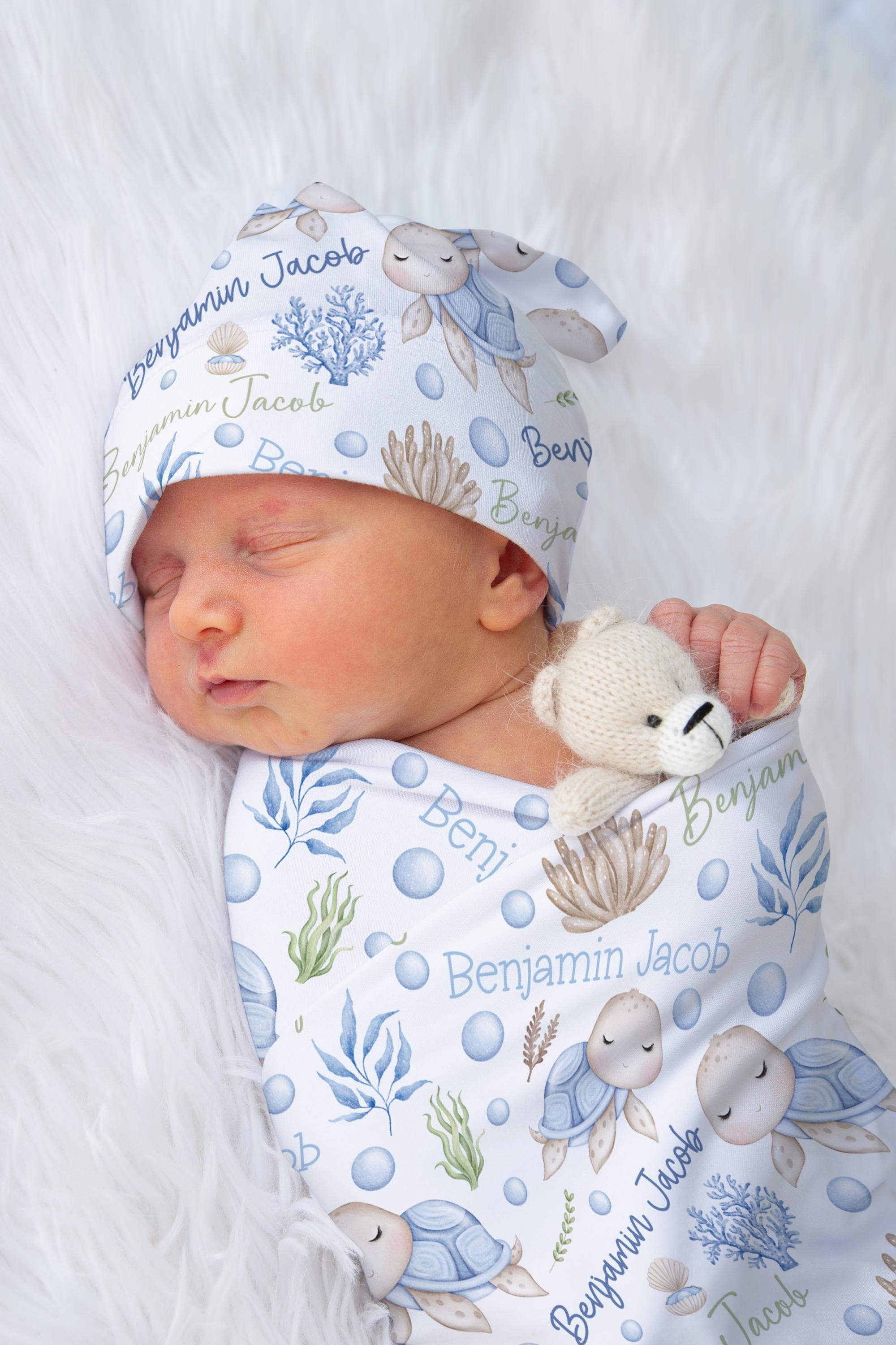 Personalized Name Sea Turtle Swaddle Blanket, Blue Sea Turtle Blanket Baby Boy Under the Sea Blanket, Infant Boy Baby Swaddle Hat Set, Newborn Boy Turtle Gift