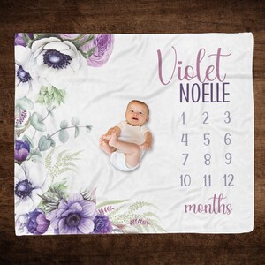 Purple Floral Milestone Blanket, Personalized Baby Girl Growth Blanket, Baby Monthly Photo Blanket, Custom Name Floral Infant Girl Blanket
