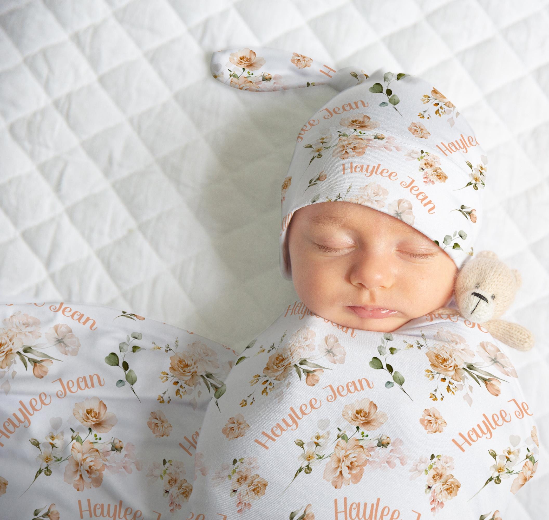 PERSONALIZED BABY GIRL Swaddle Blanket, Peach Floral Custom Swaddle Set, Floral Baby Girl Blanket, Swaddle Hat Headband, Newborn Girl Gift