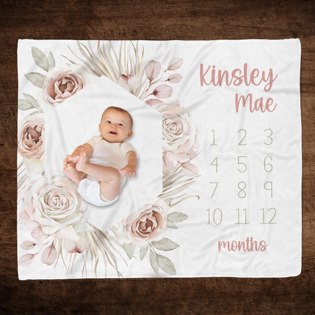 BOHO GIRL Baby Milestone Blanket Personalized Pale Pink Floral Flower