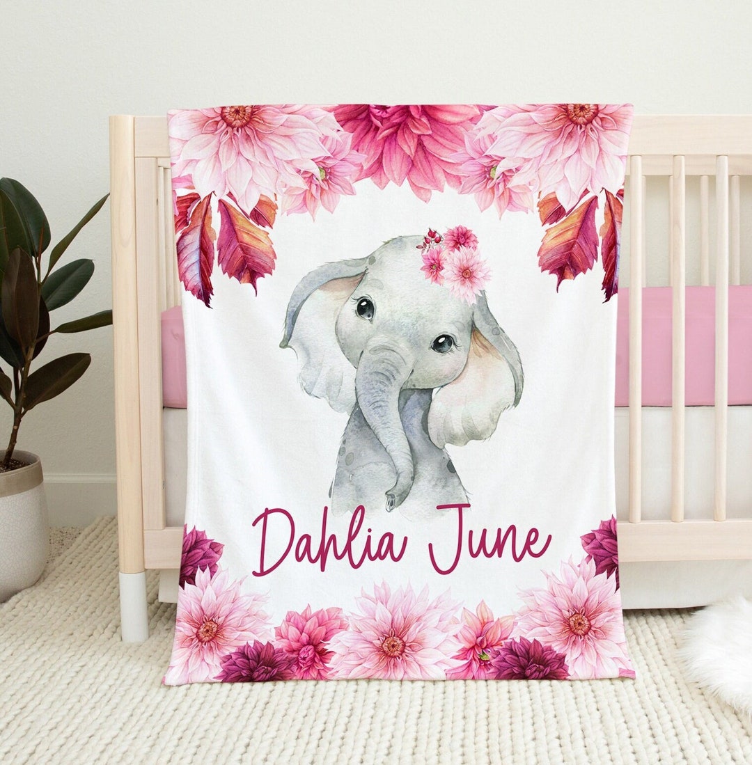 Pink Floral Elephant Blanket, Personalized Pink Dahlia Baby Blanket