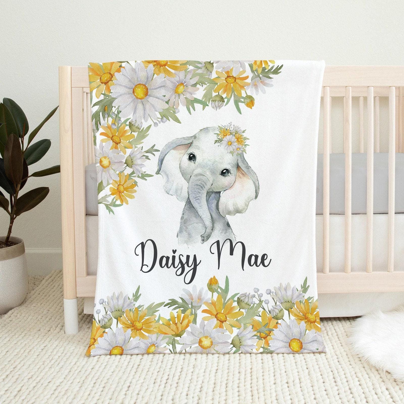 Personalized Daisy Elephant Baby Girl Blanket, Floral Elephant 