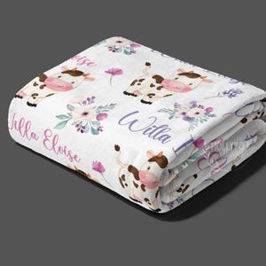 Personalized Baby Girl Name Blanket, Floral Cow Baby Blanket, Pink Purple flowers, Baby Name Swaddle Blanket, Patterned Name Blanket Cows