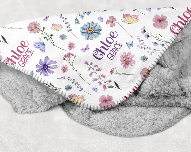 BABY GIRL WILDFLOWER Blanket, Pink Purple Wildflower Baby Blanket, Personalized Baby Name Blanket, Baby Shower Gift Wildflower Gift for Girl image 5