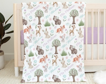 WOODLAND ANIMALS BABY Girl Blanket, Personalized Woodland Animals Blanket, Woodland Nursery, Baby Girl Woodland Theme, Baby Animals Blanket