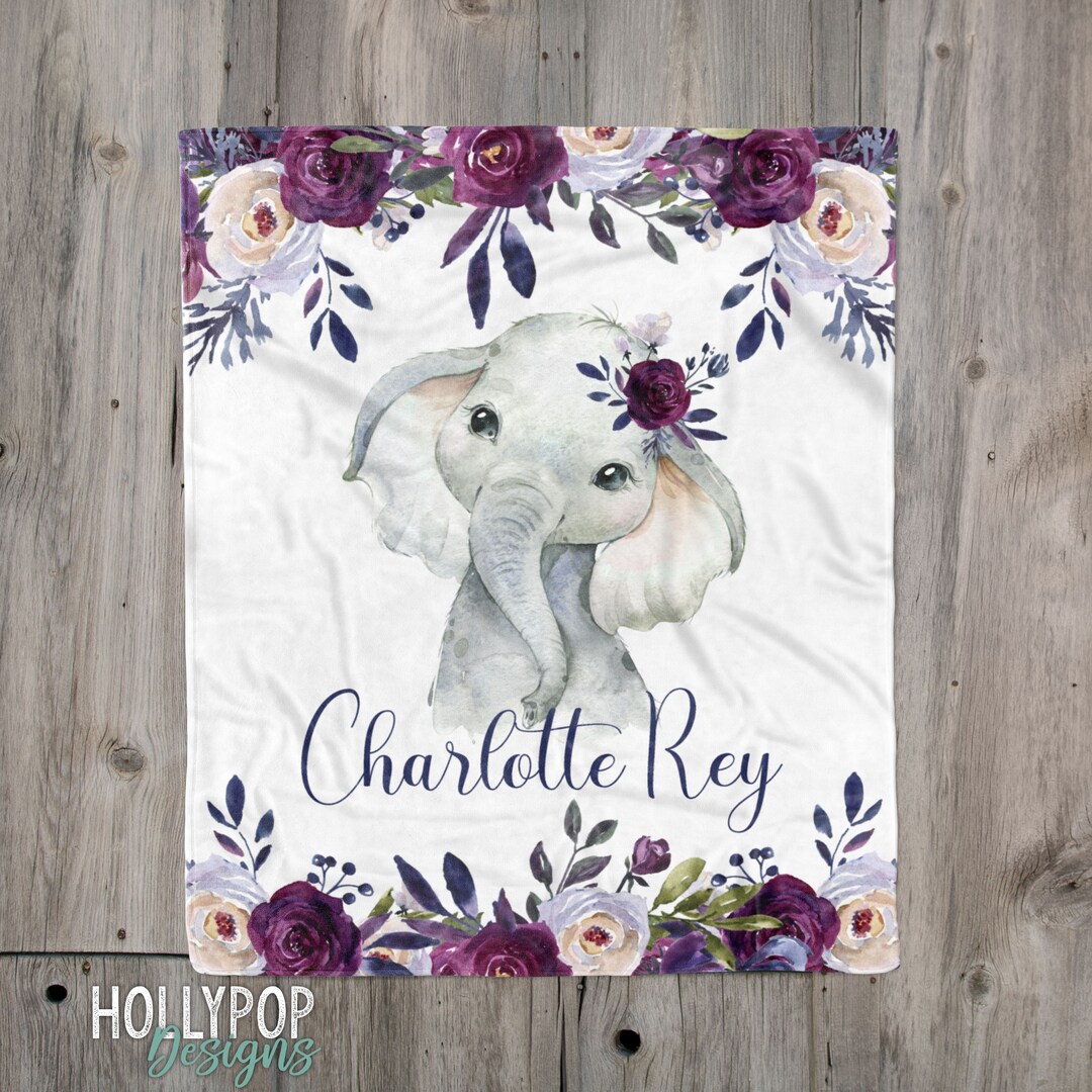 Personalized Baby Blanket, Baby Girl Elephant Blanket, Floral Name