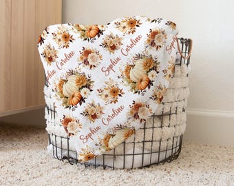 Personalized Boho Pumpkin Baby Blanket, Floral Autumn Name Blanket