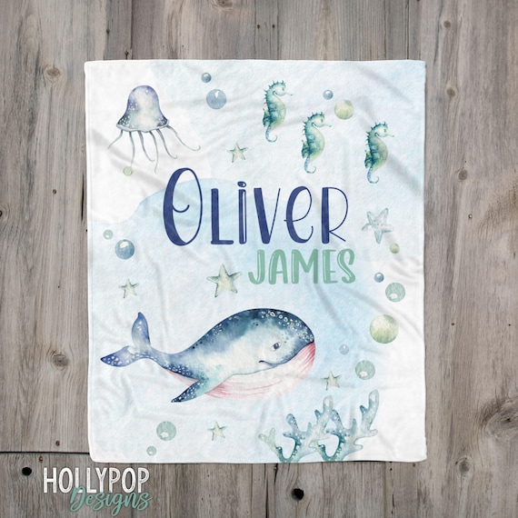 Personalized Baby Boy Blanket, Under the Sea Whale Blanket