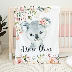 Baby Girl Koala Blanket, Personalized Girl Name Blanket, Floral Koala Bear, Pink Green Floral, Koala Bear Rose Blanket, Baby Shower Gift