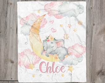 Pink Yellow Baby Girl Elephant Blanket, Custom Name Blanket Baby Girl, Sleeping Elephant on Moon, Personalized Elephant Blanket Girl Gift