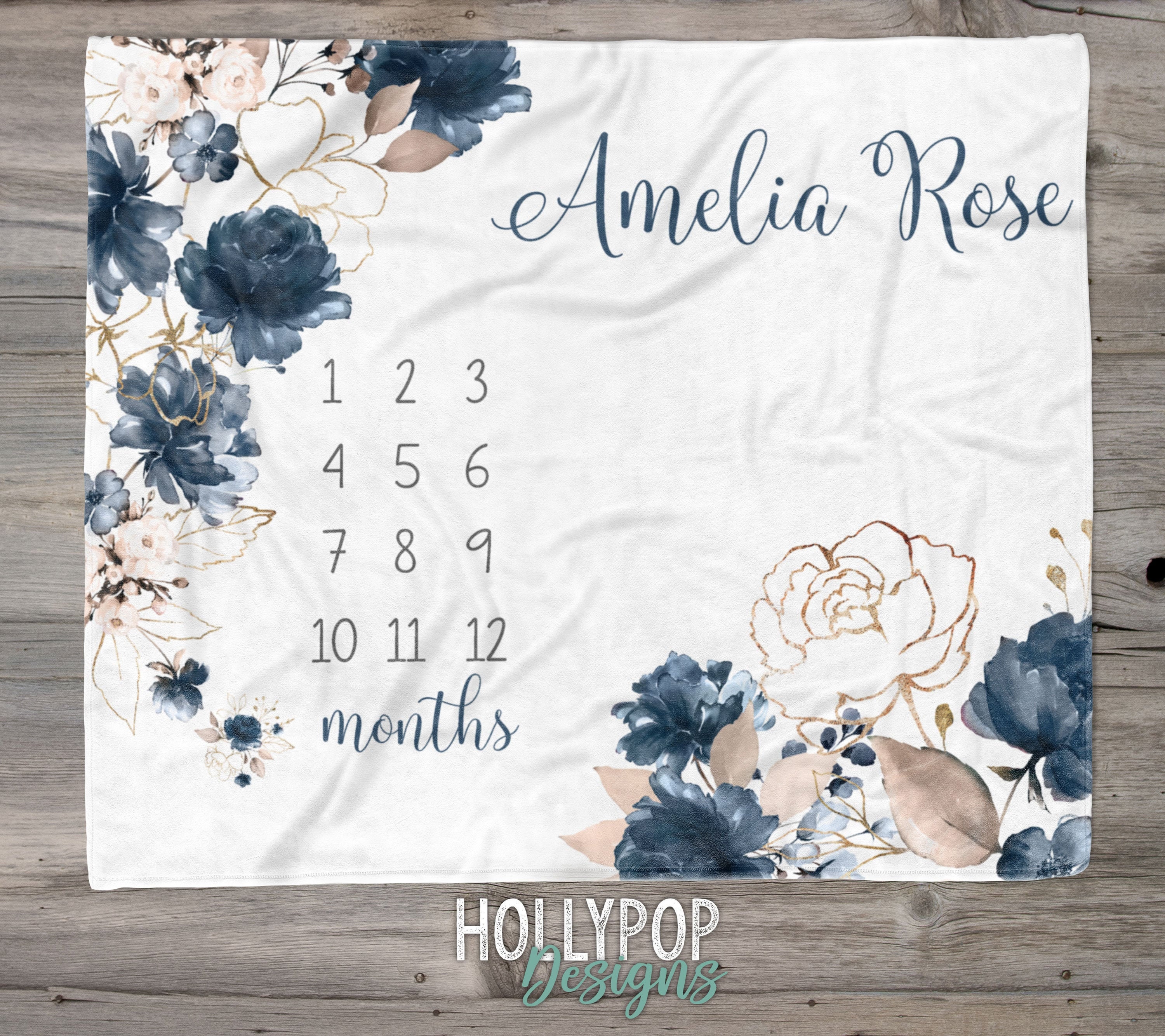 Baby Girl Milestone Blanket, Personalized Navy Gold Floral Growth Bla…