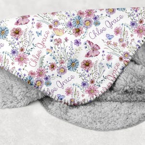 Custom Baby Blanket, Personalized Wildflower Baby Blanket, Wildflower Baby Girl Sherpa Blanket, Baby Girl Gift, Personalized Girl Name Blanket, Wildflower Nursery Crib Blanket, Soft Minky Blanket with Pink and Purple Wildflowers customized with name.