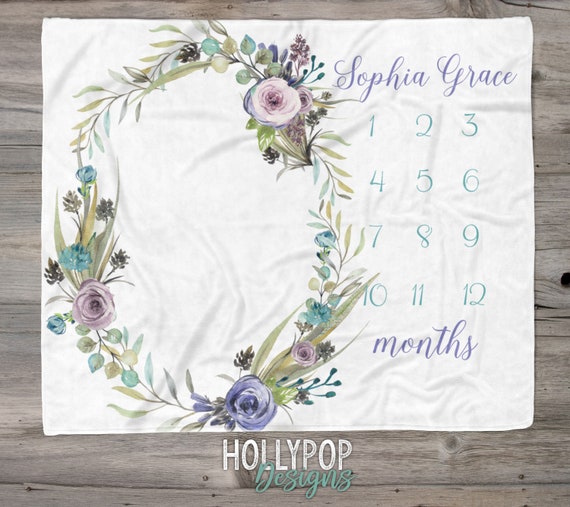 Floral Wreath Baby Girl Milestone Blanket, Personalized Baby Girl Name Blanket, Newborn Baby Milestone Blanket, Floral Baby Month Blanket