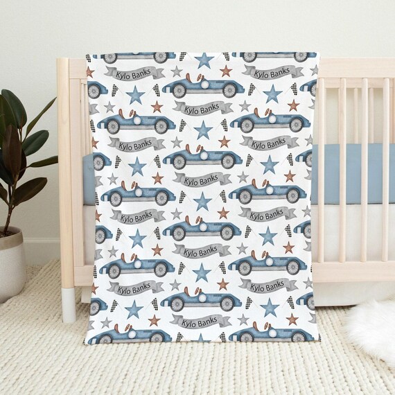 Racecar Baby Name Blanket, Custom Baby Boy Car Blanket, Blue Gray Racecar, Blue Race Car baby Swaddle, Personalized Newborn Boy Baby Blanket