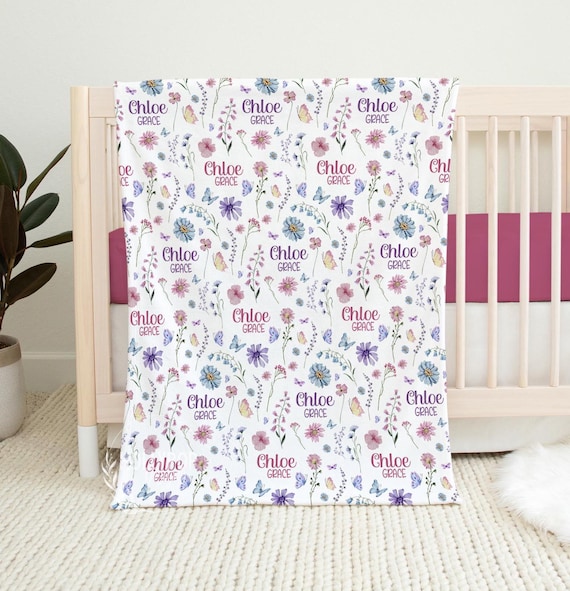 BABY GIRL WILDFLOWER Blanket, Pink Purple Wildflower Baby Blanket, Personalized Baby Name Blanket, Baby Shower Gift Wildflower Gift for Girl