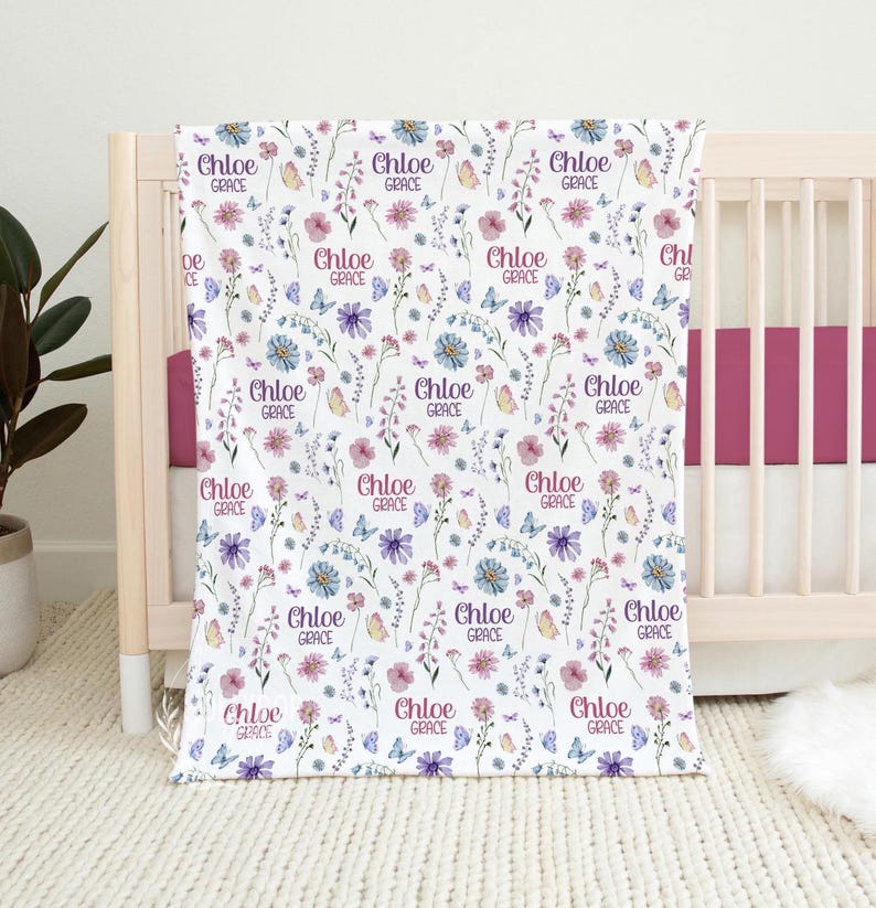BABY GIRL WILDFLOWER Blanket, Pink Purple Wildflower Baby Blanket, Personalized Baby Name Blanket, Baby Shower Gift Wildflower Gift for Girl image 1