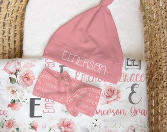 Personalized Pink Floral Baby Swaddle Blanket Set, Hat Headband Options, Rose Minky Blanket